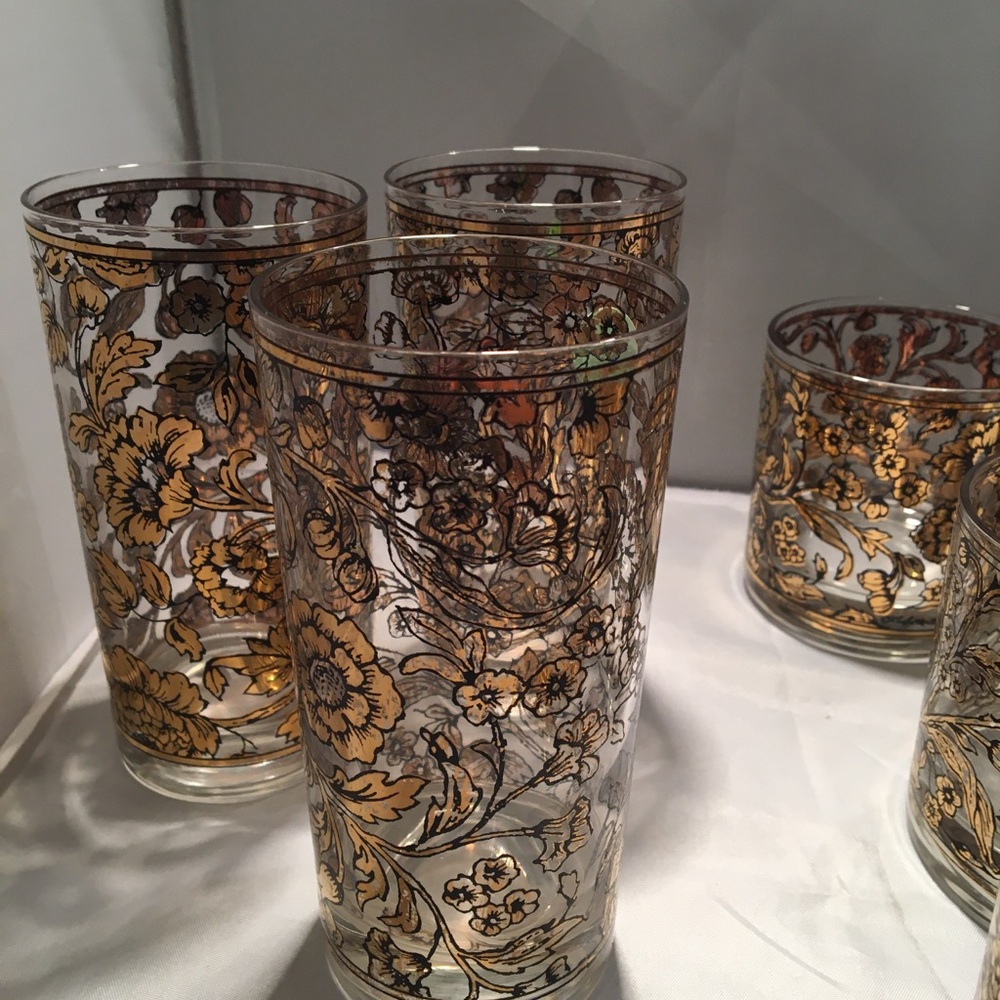 Vintage Culver 22k gold and‎ black floral bar ware